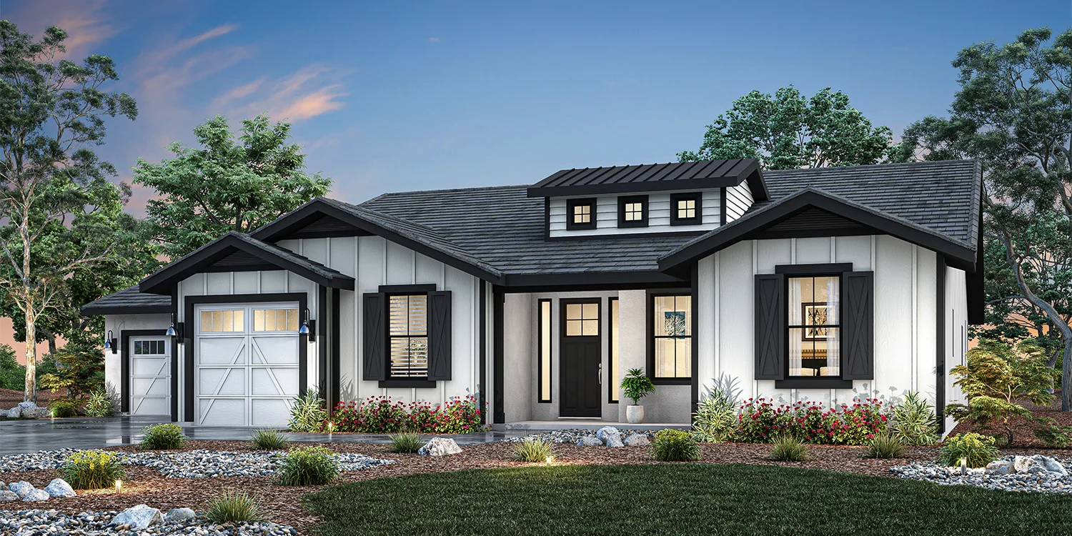 The Heirloom farmhouse elevation — craftsman-inspired exterior with wood accents, covered entry, and horizontal lap siding