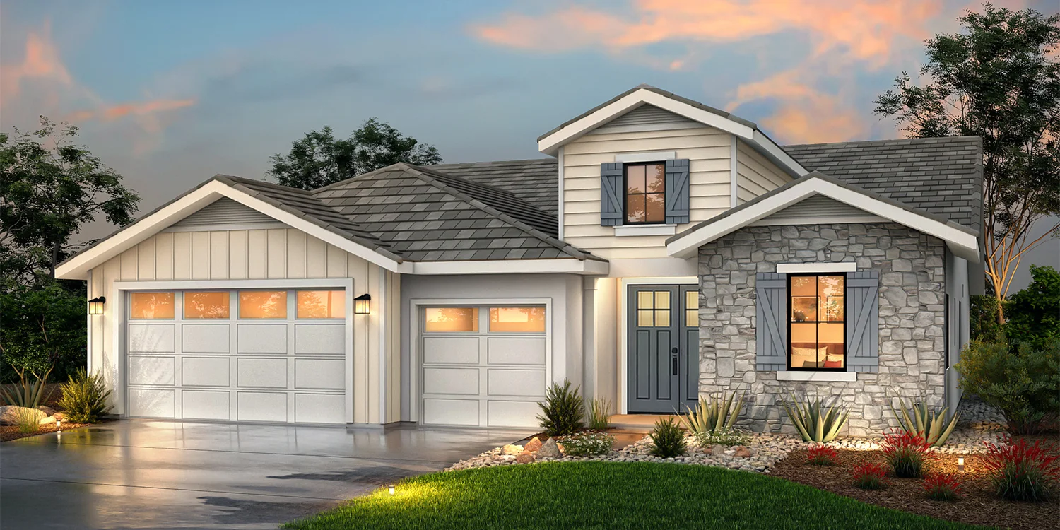 The Shasta farmhouse elevation — craftsman-style exterior with covered entry and wood accent details